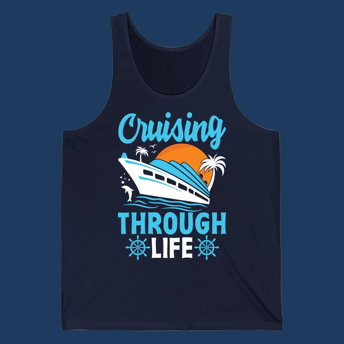 Cruising through life design: illustrated cruise ship sailing toward sunset with ocean waves, palm trees, and nautical elements in cyan, blue, and orange