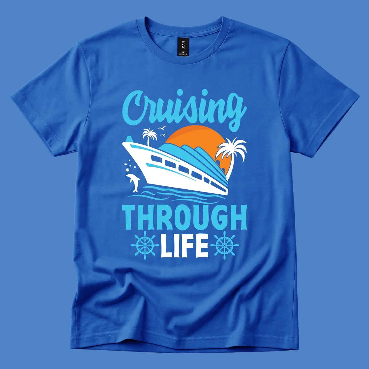 Cruising through life design: illustrated cruise ship sailing toward sunset with ocean waves, palm trees, and nautical elements in cyan, blue, and orange