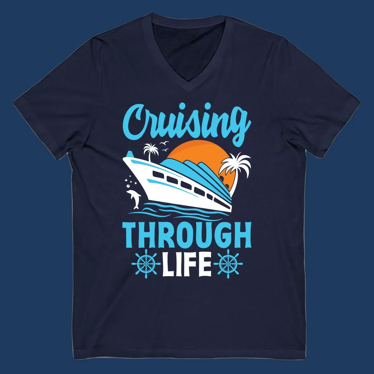 Cruising through life design: illustrated cruise ship sailing toward sunset with ocean waves, palm trees, and nautical elements in cyan, blue, and orange