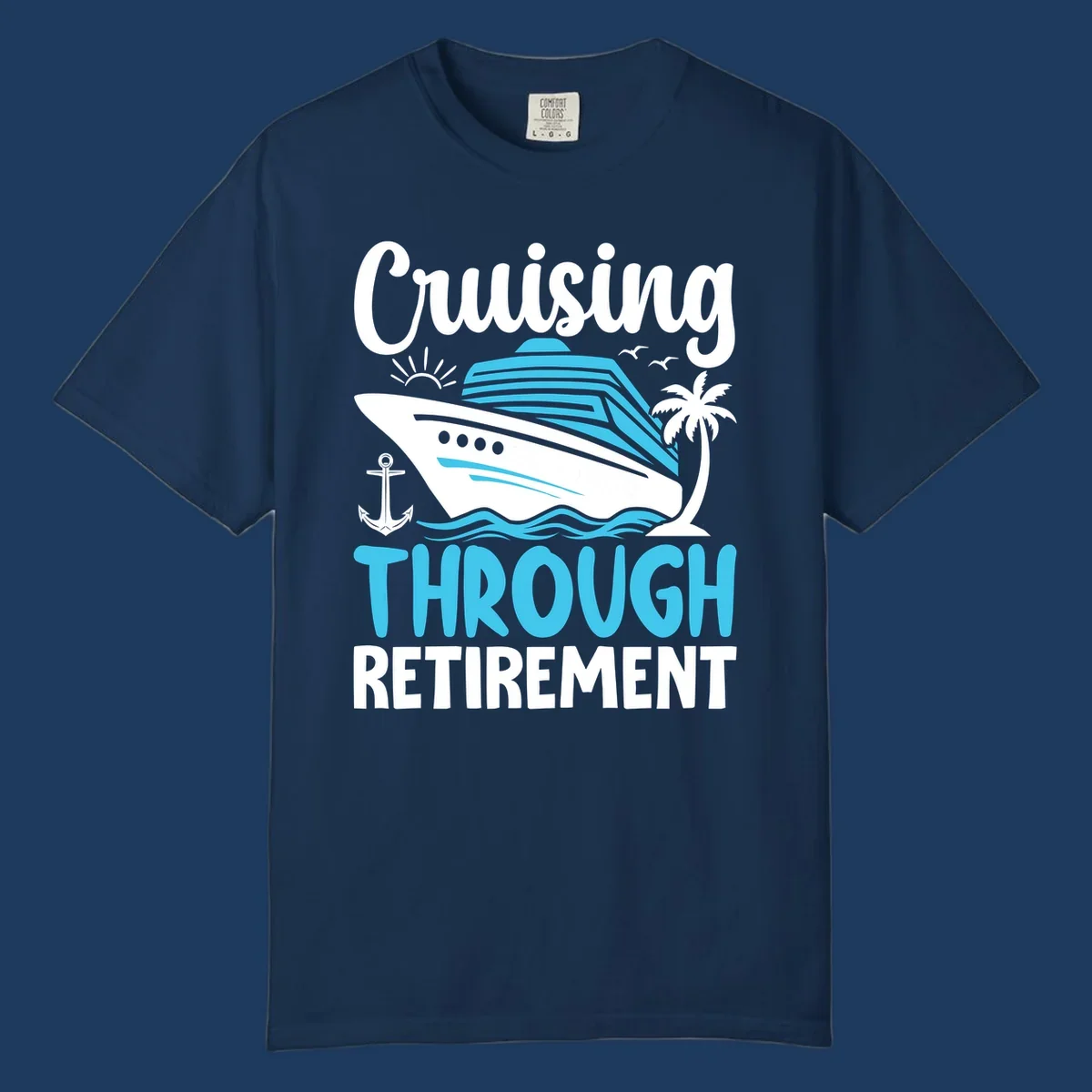 Cruising through retirement design with cruise ship, palm tree, anchor, waves, sun and seagulls in white and blue on gray background