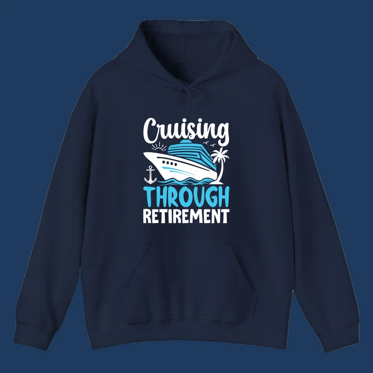 Cruising through retirement design with cruise ship, palm tree, anchor, waves, sun and seagulls in white and blue on gray background