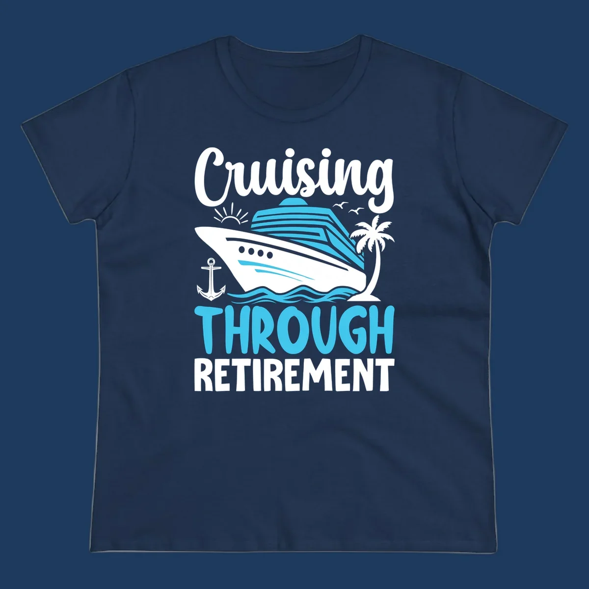 Cruising through retirement design with cruise ship, palm tree, anchor, waves, sun and seagulls in white and blue on gray background