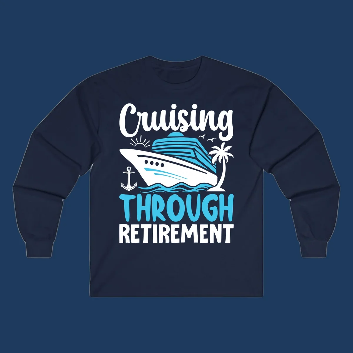 Cruising through retirement design with cruise ship, palm tree, anchor, waves, sun and seagulls in white and blue on gray background