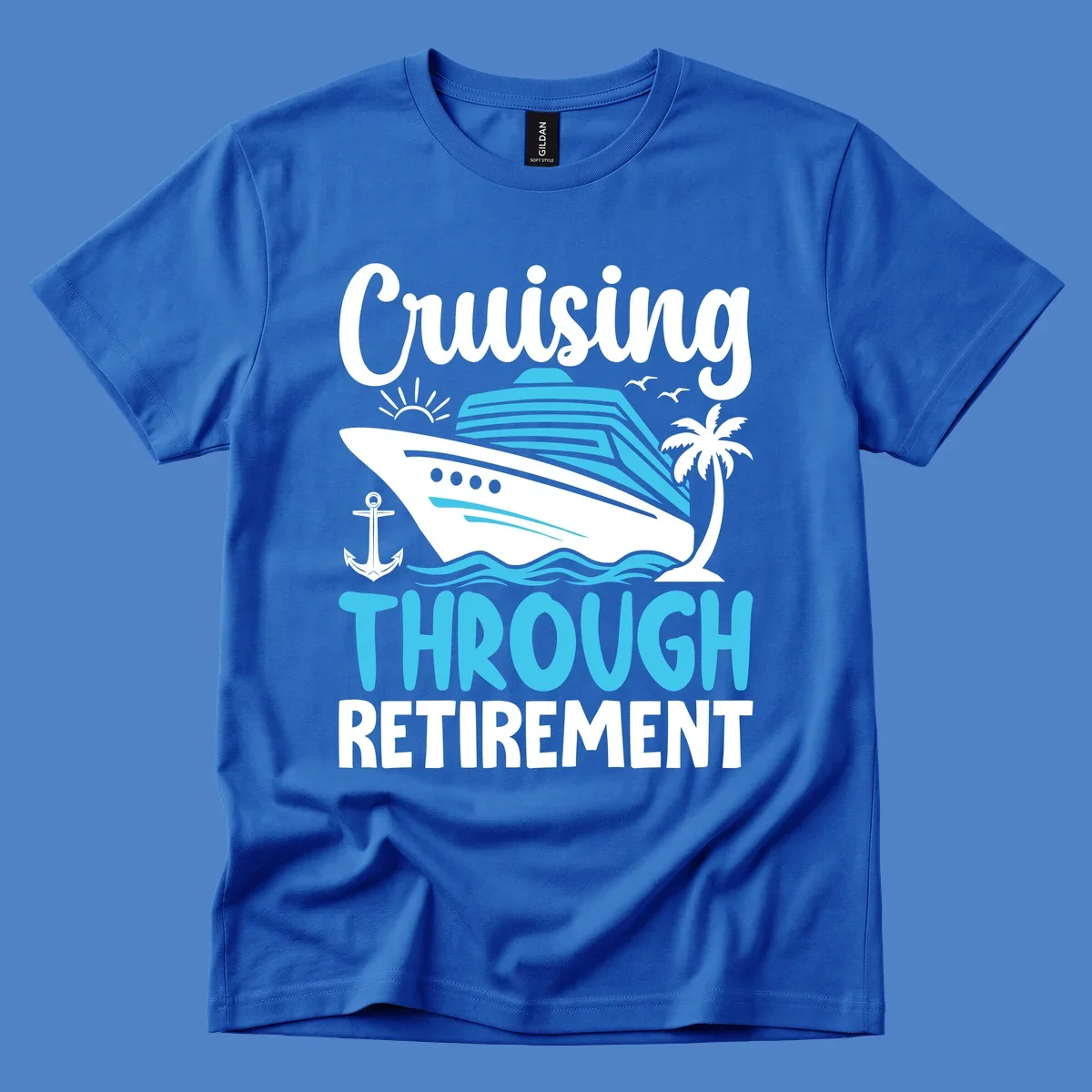 Cruising through retirement design with cruise ship, palm tree, anchor, waves, sun and seagulls in white and blue on gray background