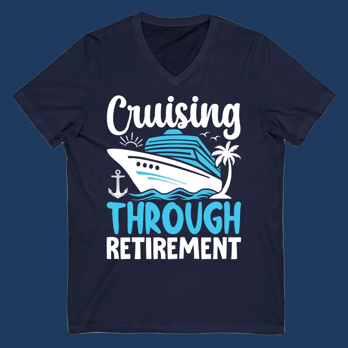 Cruising through retirement design with cruise ship, palm tree, anchor, waves, sun and seagulls in white and blue on gray background