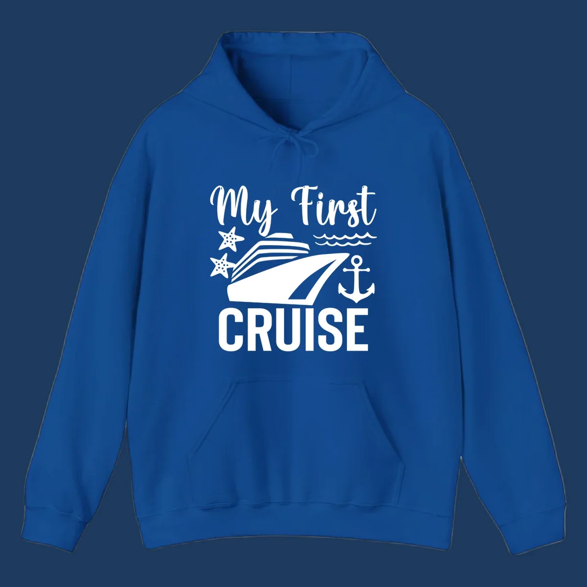 My First Cruise nautical design with cruise ship, starfish, waves, and anchor on gray background