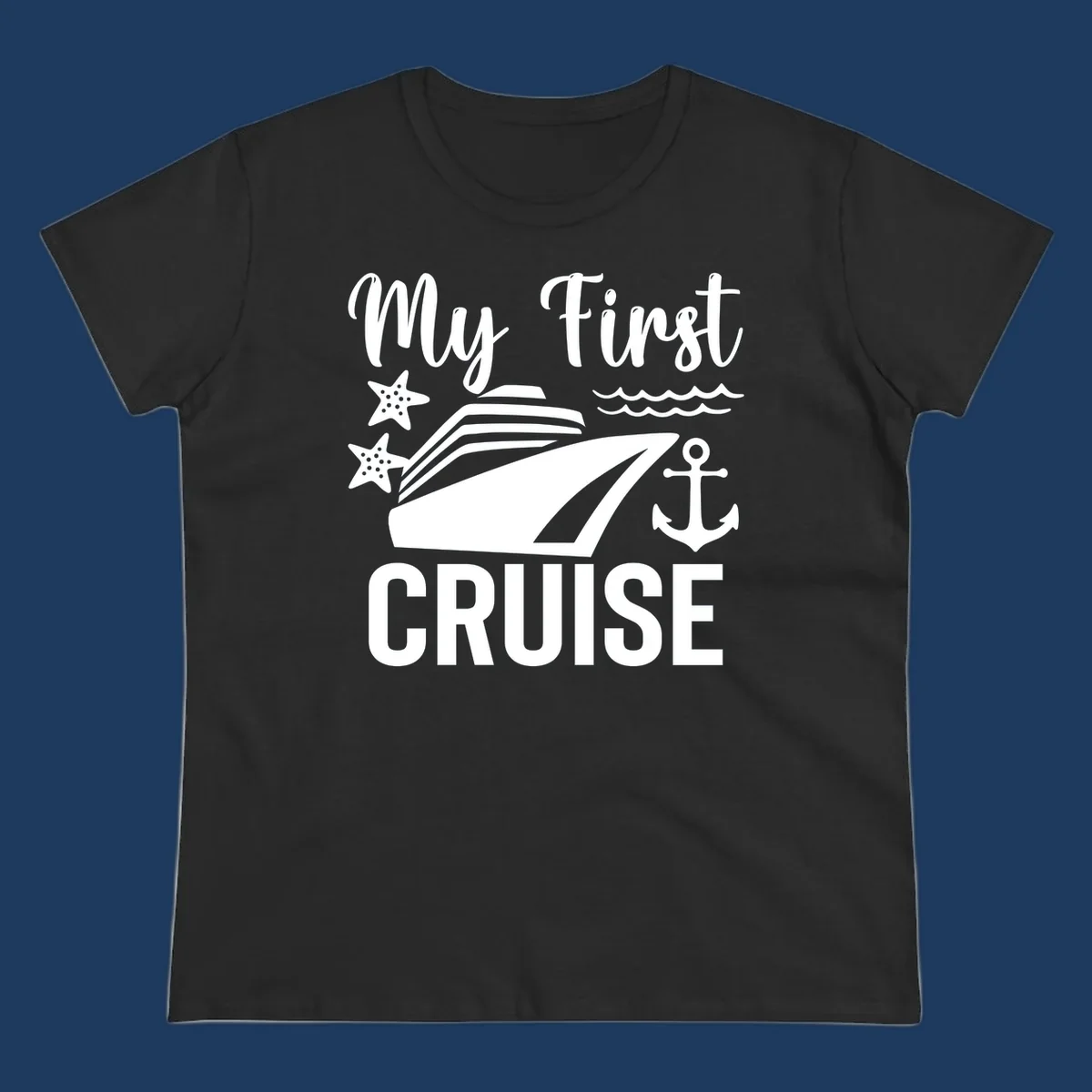 My First Cruise nautical design with cruise ship, starfish, waves, and anchor on gray background