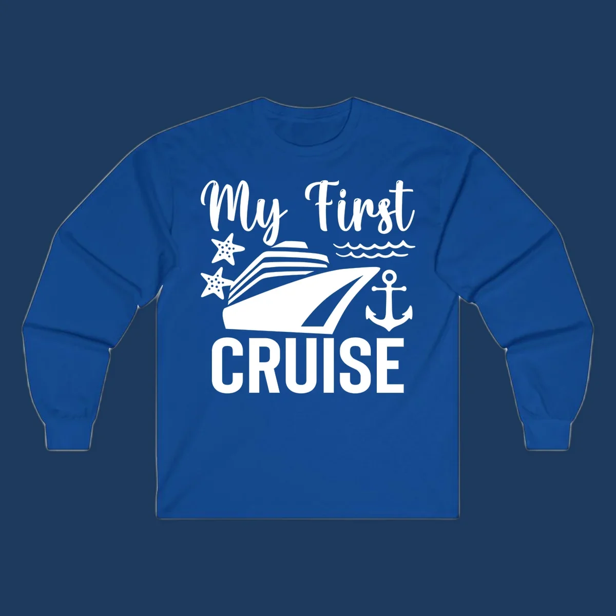 My First Cruise nautical design with cruise ship, starfish, waves, and anchor on gray background