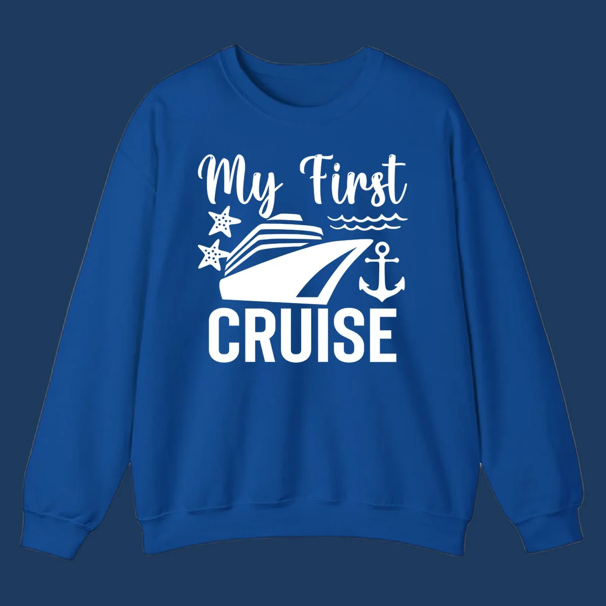 My First Cruise nautical design with cruise ship, starfish, waves, and anchor on gray background