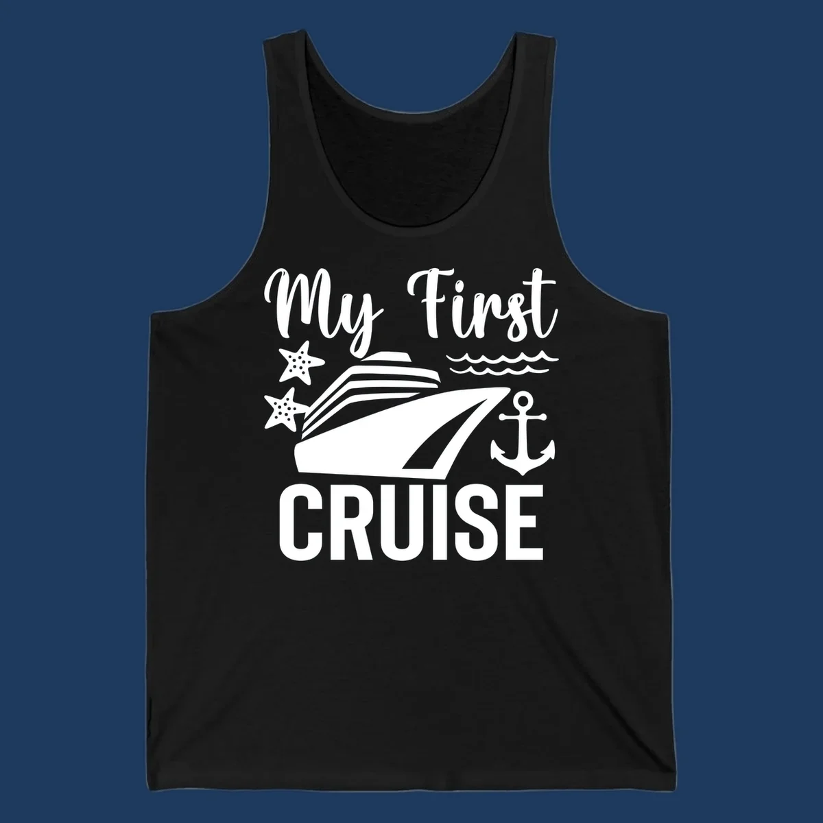 My First Cruise nautical design with cruise ship, starfish, waves, and anchor on gray background