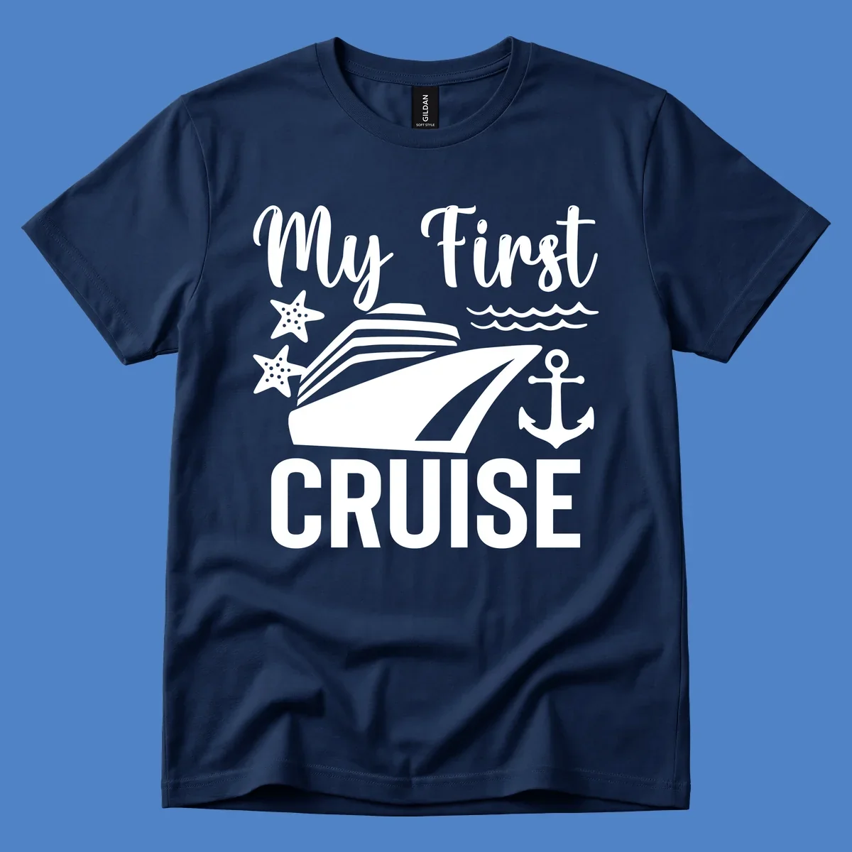 My First Cruise nautical design with cruise ship, starfish, waves, and anchor on gray background