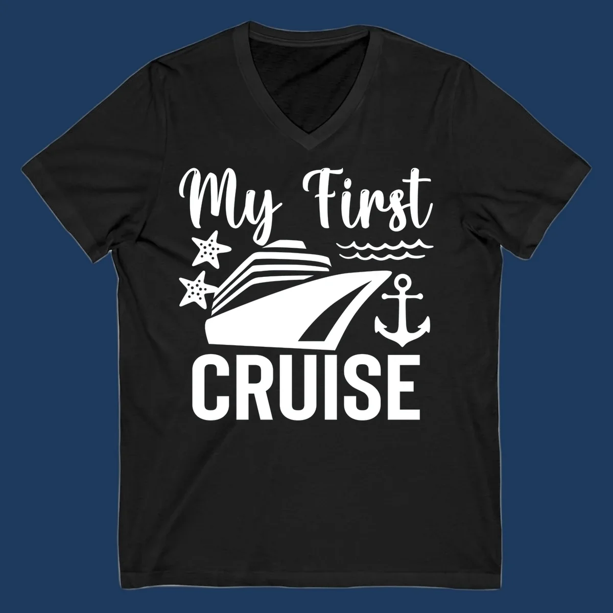 My First Cruise nautical design with cruise ship, starfish, waves, and anchor on gray background