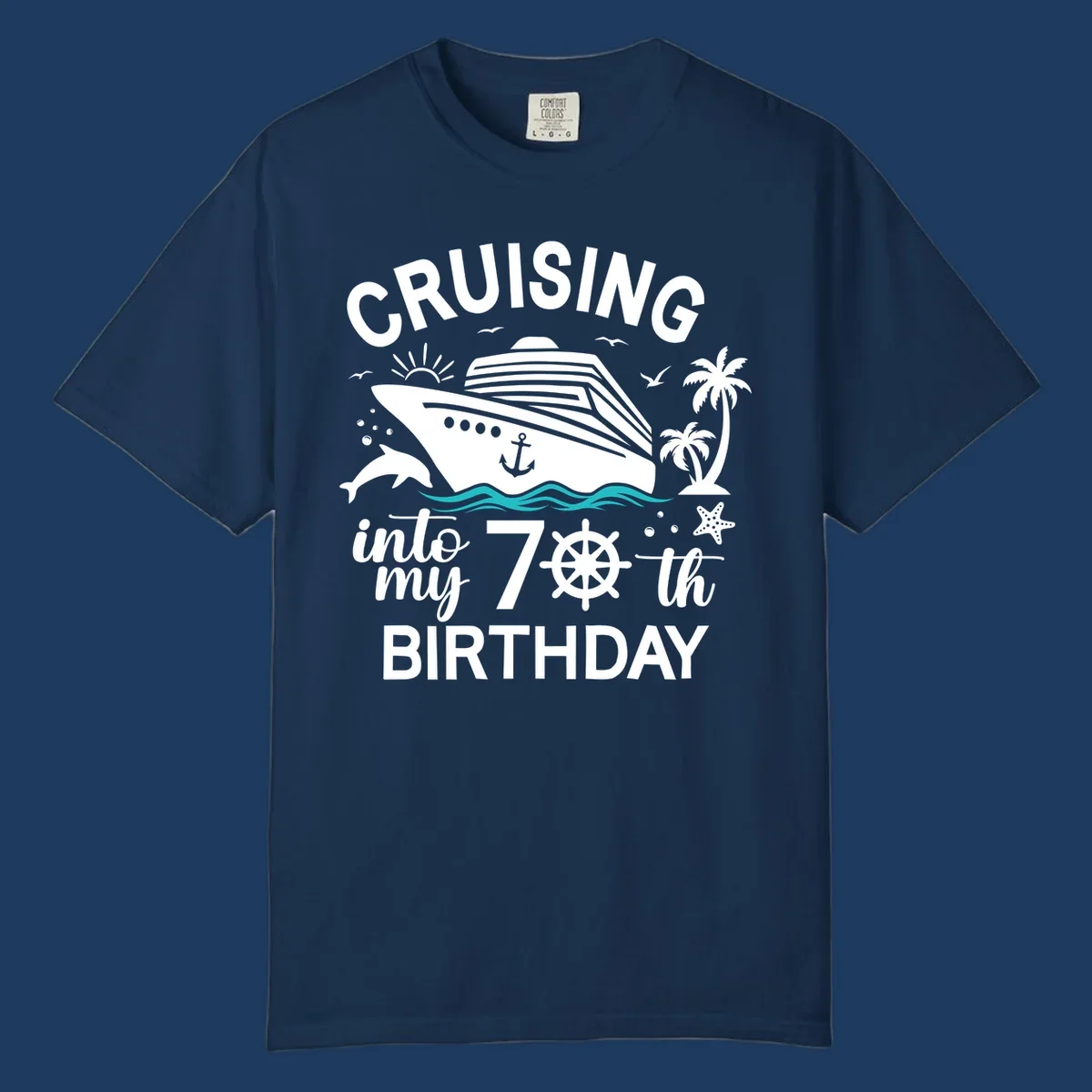 Cruise ship illustration with 'Cruising into my 70th Birthday' text, featuring dolphins, palm trees, starfish, and nautical elements on gray background