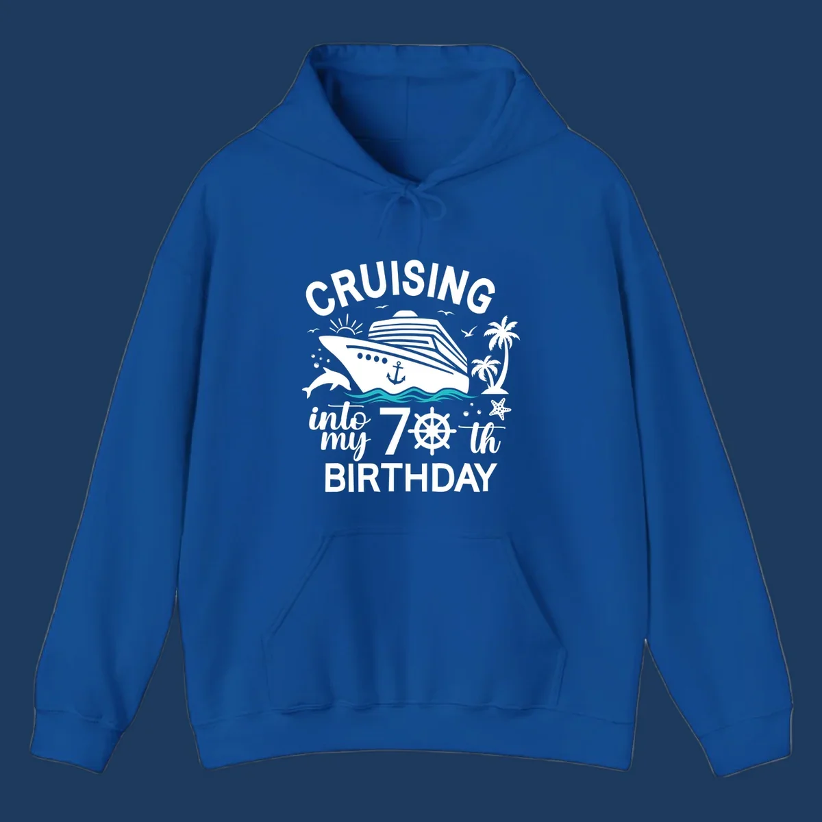 Cruise ship illustration with 'Cruising into my 70th Birthday' text, featuring dolphins, palm trees, starfish, and nautical elements on gray background