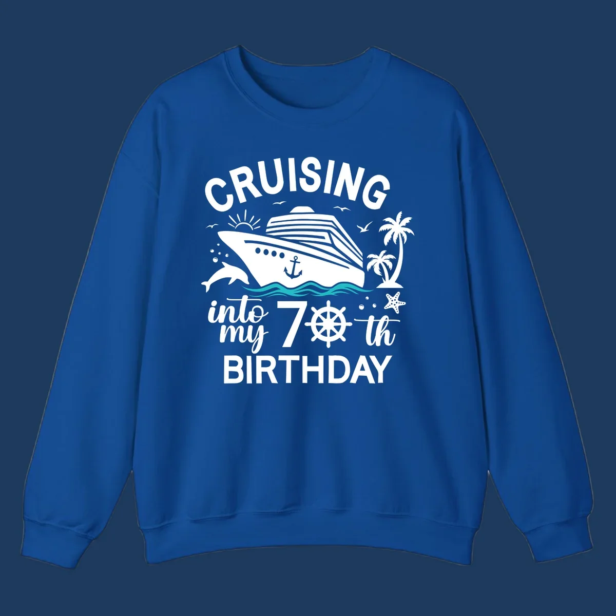 Cruise ship illustration with 'Cruising into my 70th Birthday' text, featuring dolphins, palm trees, starfish, and nautical elements on gray background