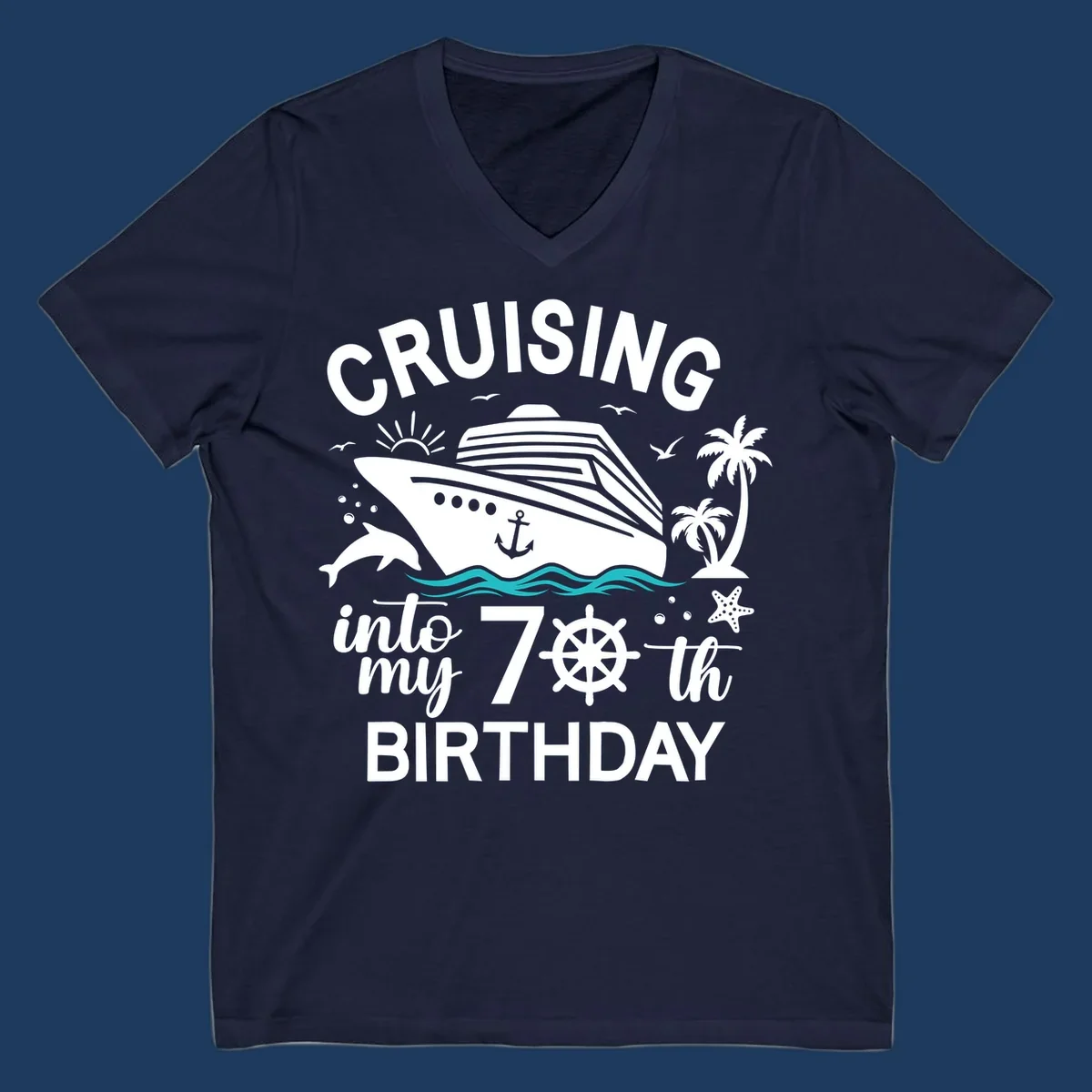 Cruise ship illustration with 'Cruising into my 70th Birthday' text, featuring dolphins, palm trees, starfish, and nautical elements on gray background