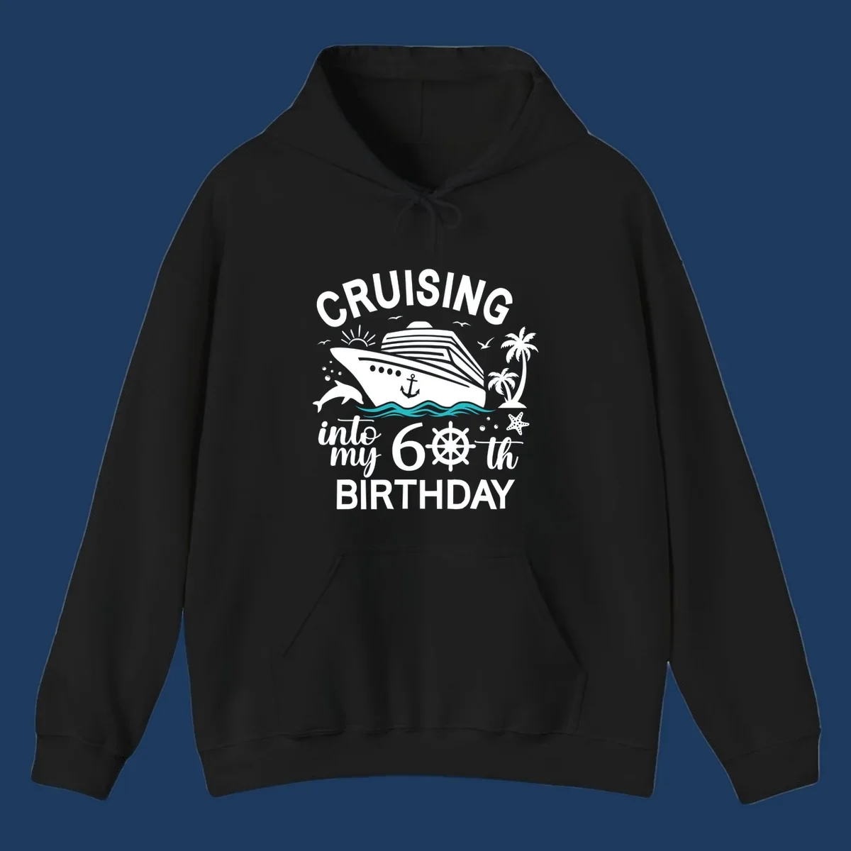 Cruise ship illustration with 'Cruising into my 60th Birthday' text, nautical elements including ship's wheel, waves, and tropical scenery in white and teal on gray background.
