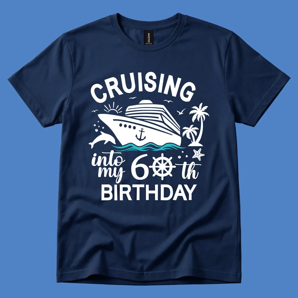 Cruise ship illustration with 'Cruising into my 60th Birthday' text, nautical elements including ship's wheel, waves, and tropical scenery in white and teal on gray background.