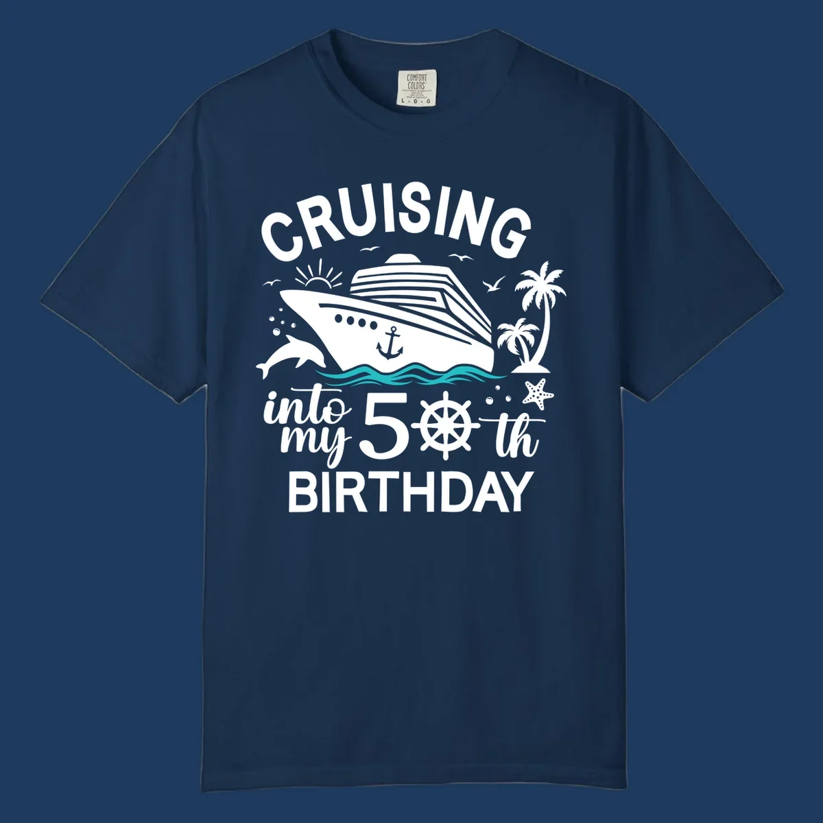 Cruise ship illustration with ocean waves, tropical elements, and text reading 'Cruising into my 50th Birthday' for milestone celebration apparel