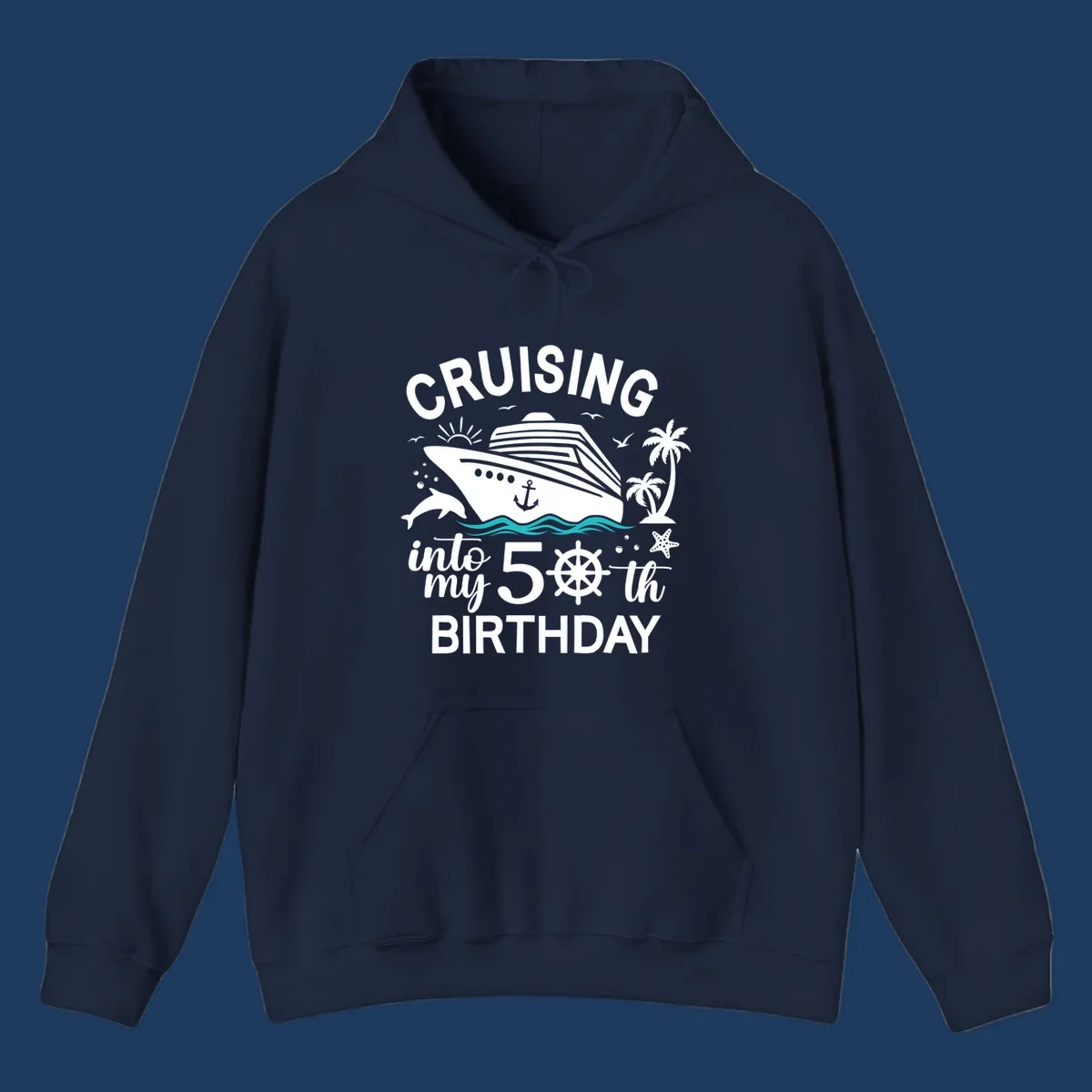 Cruise ship illustration with ocean waves, tropical elements, and text reading 'Cruising into my 50th Birthday' for milestone celebration apparel