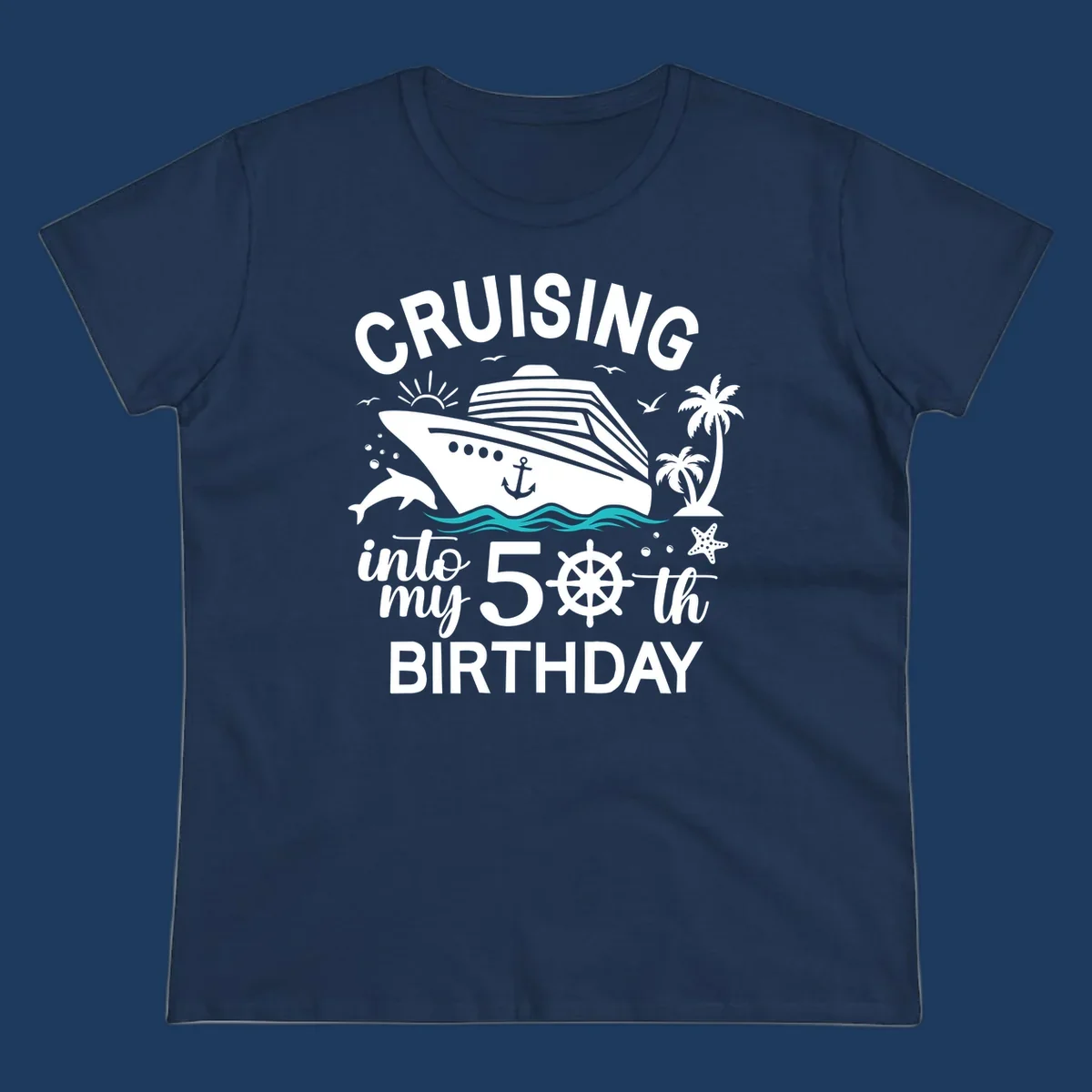 Cruise ship illustration with ocean waves, tropical elements, and text reading 'Cruising into my 50th Birthday' for milestone celebration apparel
