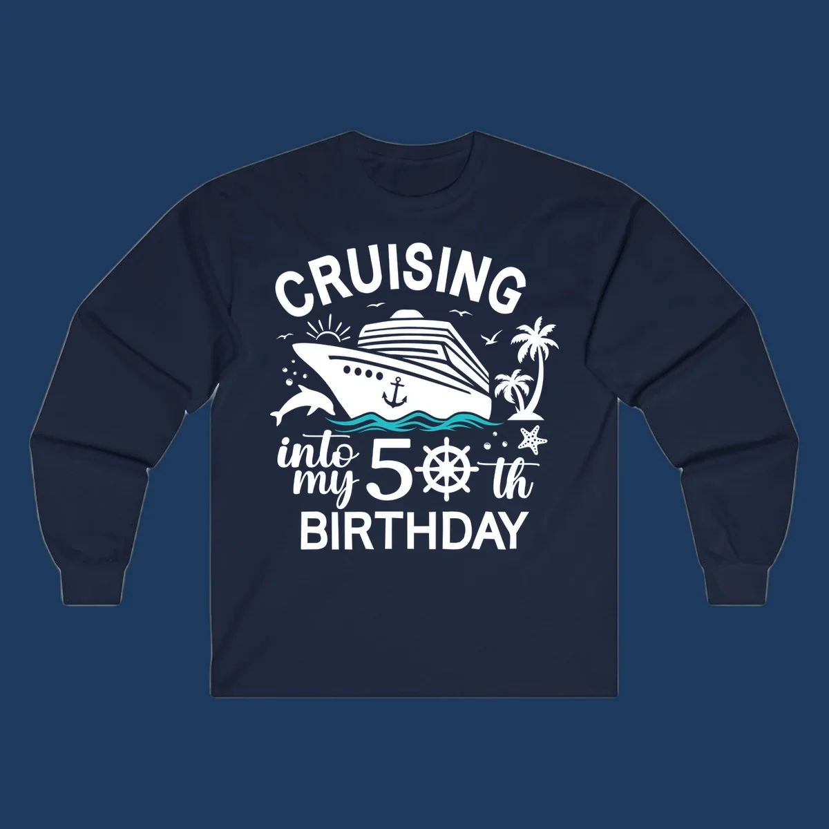 Cruise ship illustration with ocean waves, tropical elements, and text reading 'Cruising into my 50th Birthday' for milestone celebration apparel