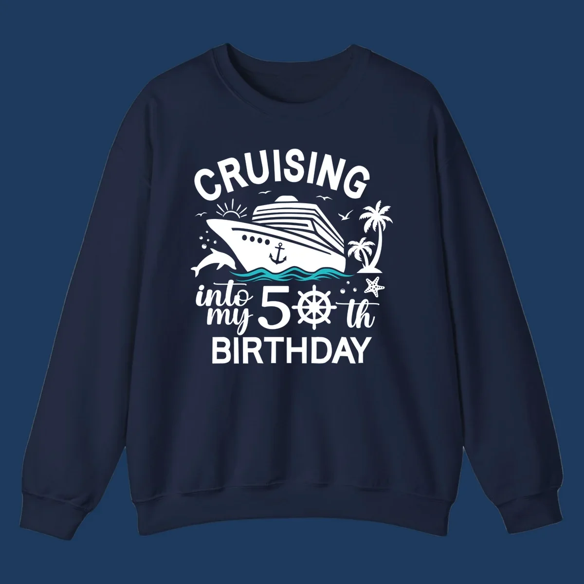 Cruise ship illustration with ocean waves, tropical elements, and text reading 'Cruising into my 50th Birthday' for milestone celebration apparel
