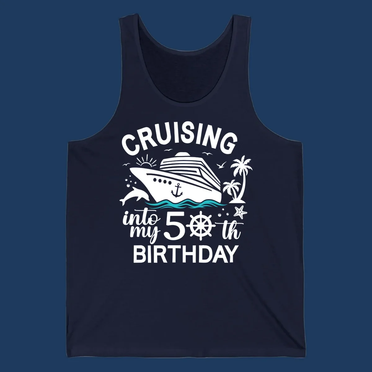 Cruise ship illustration with ocean waves, tropical elements, and text reading 'Cruising into my 50th Birthday' for milestone celebration apparel