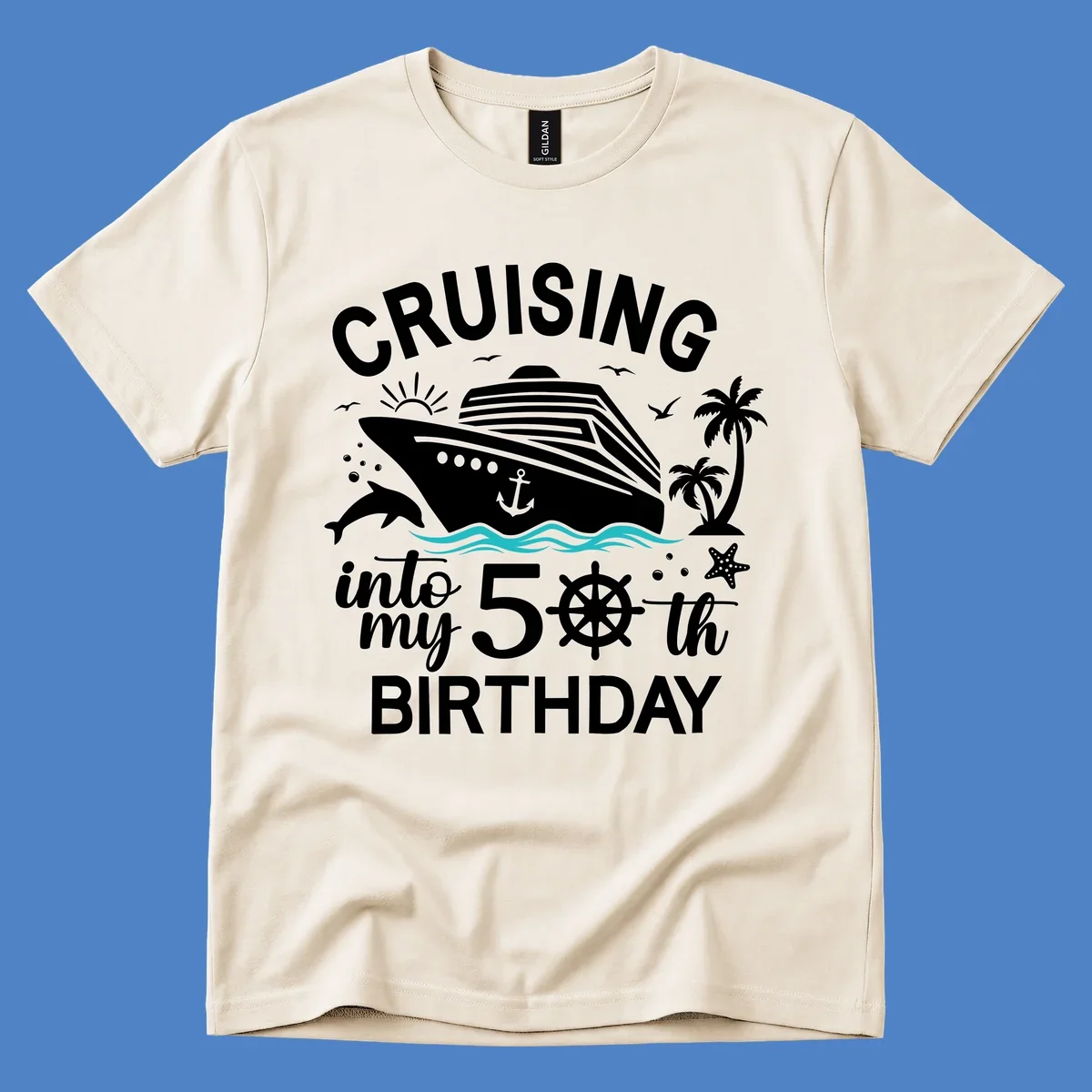 Cruise ship illustration with ocean waves, tropical elements, and text reading 'Cruising into my 50th Birthday' for milestone celebration apparel