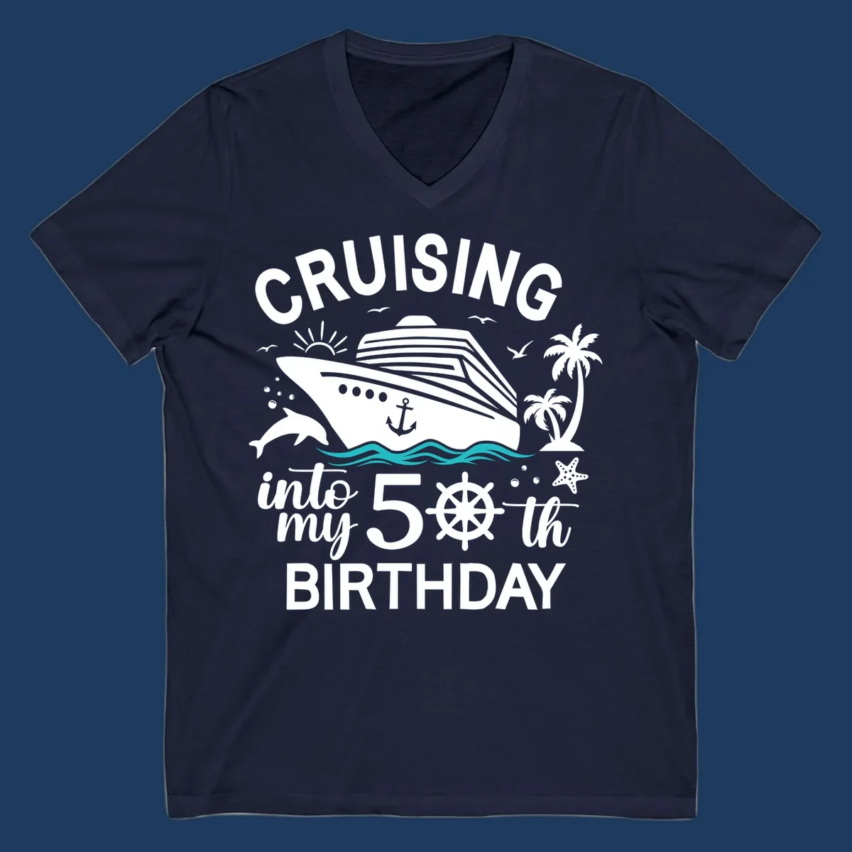 Cruise ship illustration with ocean waves, tropical elements, and text reading 'Cruising into my 50th Birthday' for milestone celebration apparel