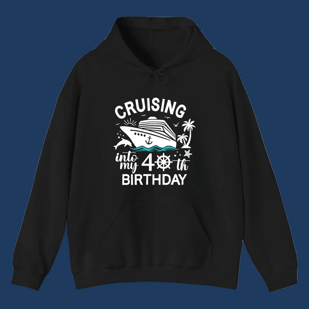 Cruise ship with tropical elements and text reading 'Cruising into my 40th Birthday' featuring ship wheel, palm trees, dolphins, and ocean waves.