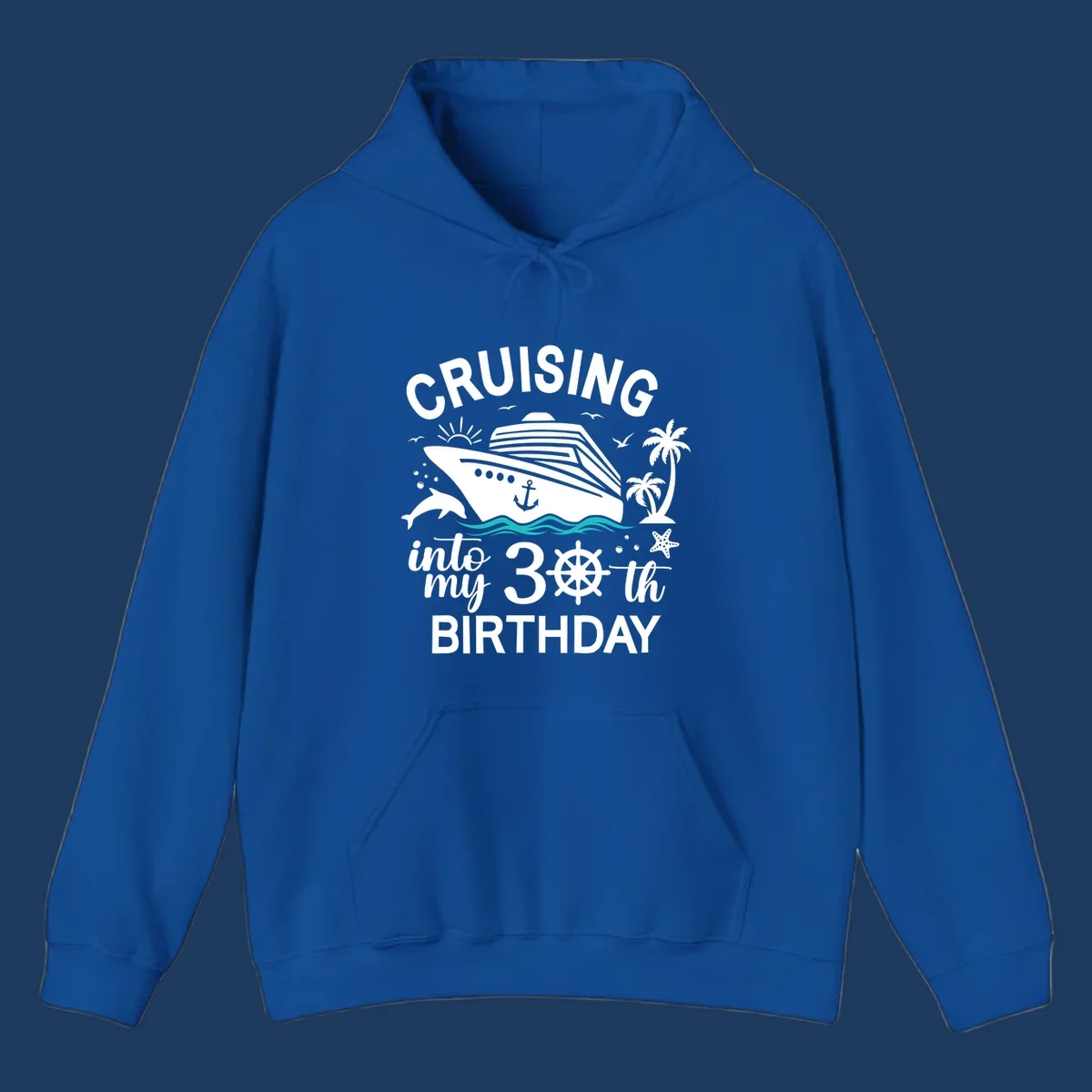 Cruising into my 30th birthday design with cruise ship, ocean waves, palm trees, dolphins, and nautical elements on gray background