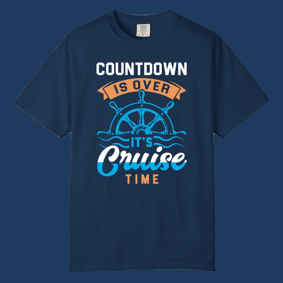 Nautical design with ship's wheel and ocean waves featuring countdown-cruise-time text in orange and white