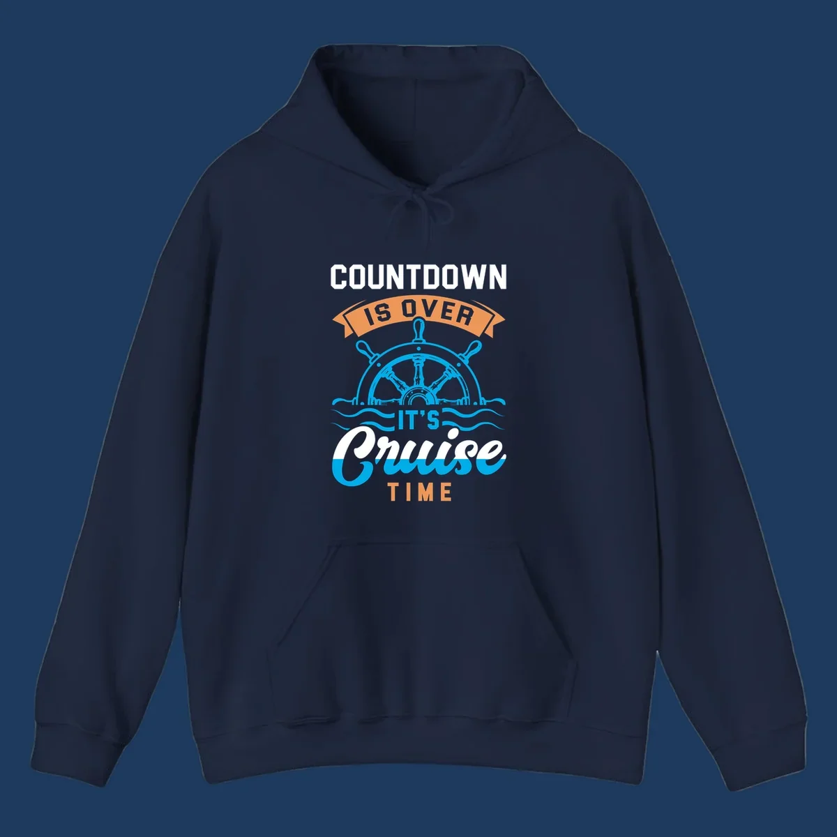 Nautical design with ship's wheel and ocean waves featuring countdown-cruise-time text in orange and white