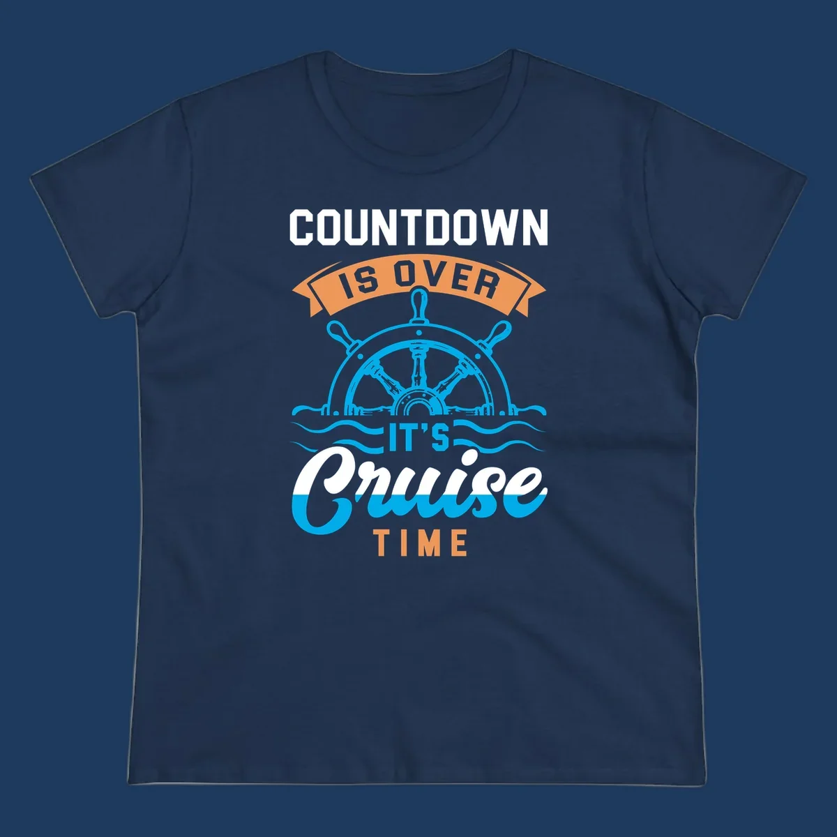 Nautical design with ship's wheel and ocean waves featuring countdown-cruise-time text in orange and white