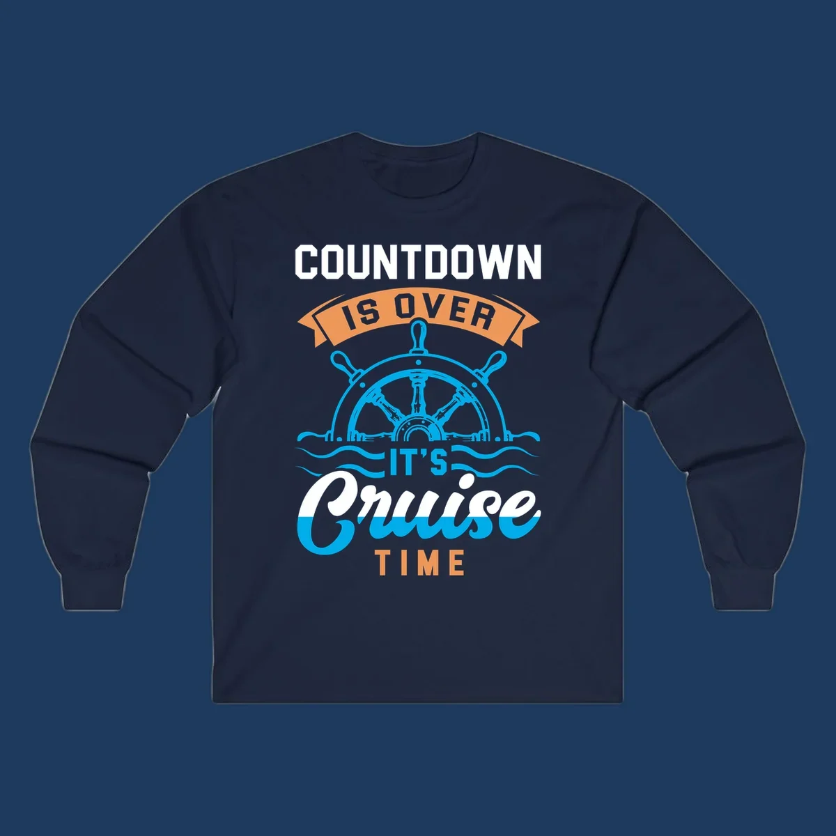 Nautical design with ship's wheel and ocean waves featuring countdown-cruise-time text in orange and white