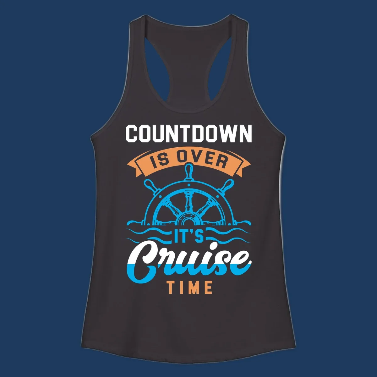 Nautical design with ship's wheel and ocean waves featuring countdown-cruise-time text in orange and white