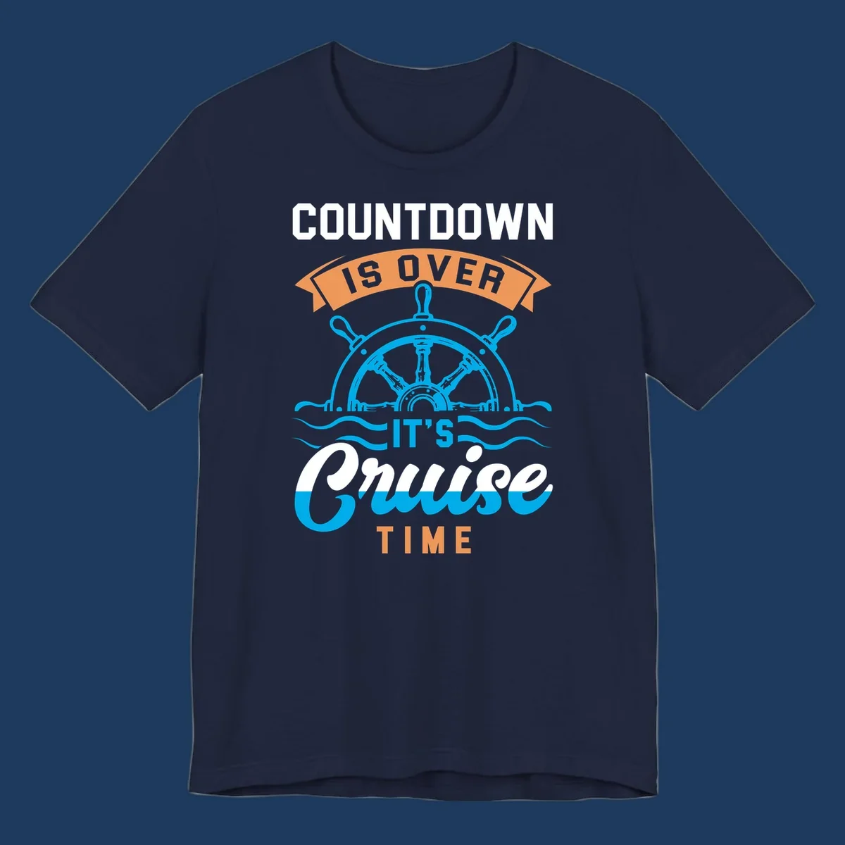 Nautical design with ship's wheel and ocean waves featuring countdown-cruise-time text in orange and white