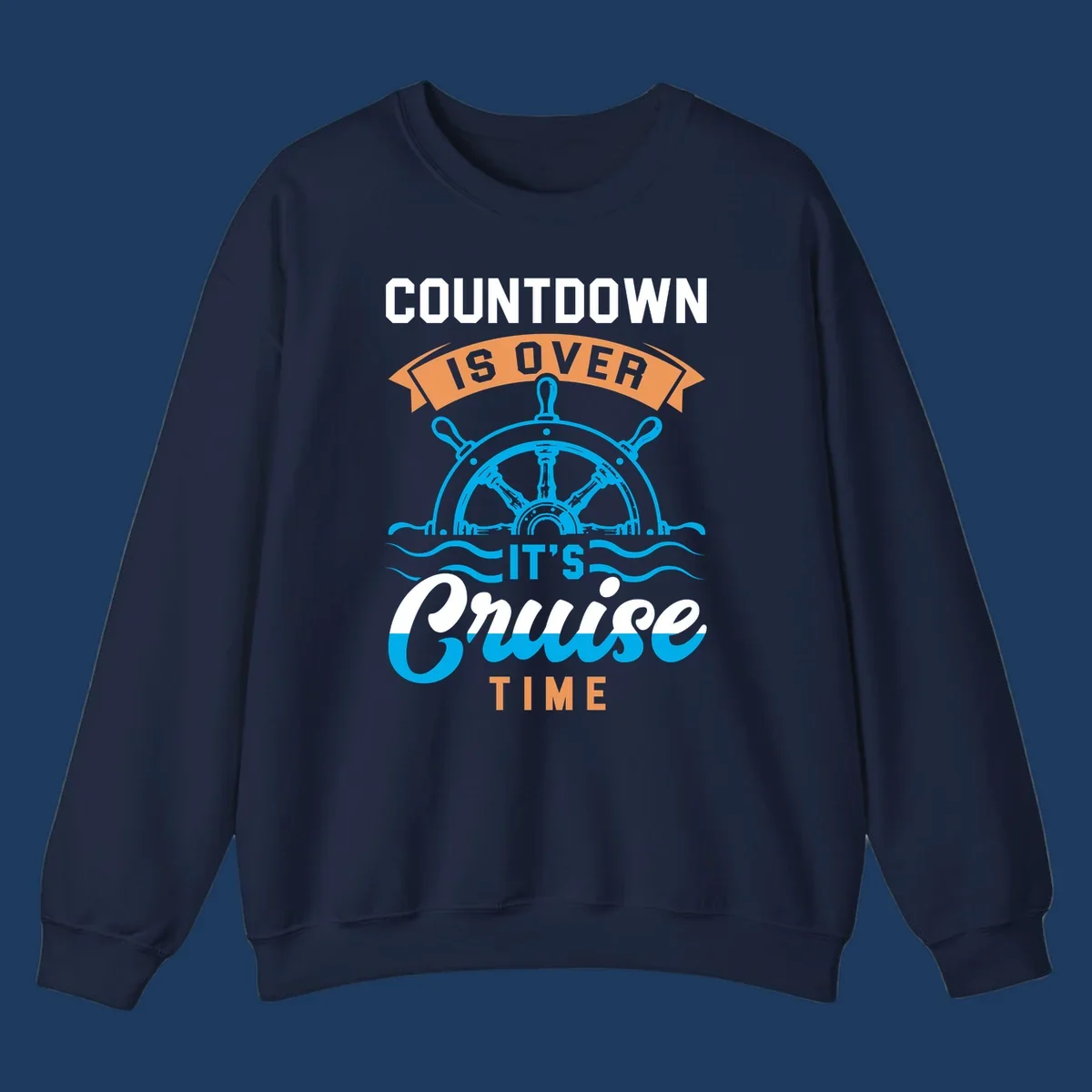 Nautical design with ship's wheel and ocean waves featuring countdown-cruise-time text in orange and white