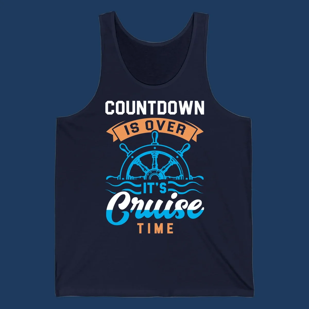 Nautical design with ship's wheel and ocean waves featuring countdown-cruise-time text in orange and white