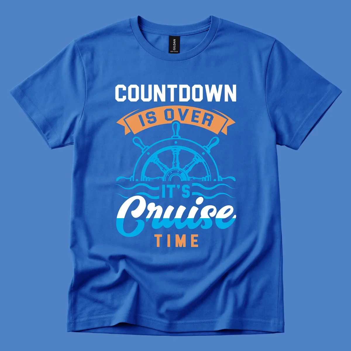 Nautical design with ship's wheel and ocean waves featuring countdown-cruise-time text in orange and white
