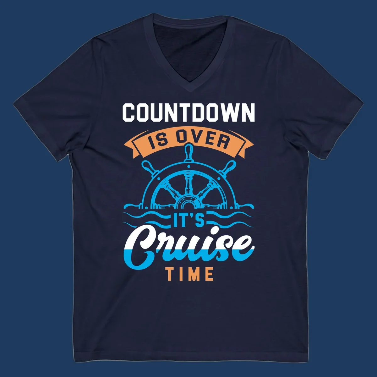 Nautical design with ship's wheel and ocean waves featuring countdown-cruise-time text in orange and white
