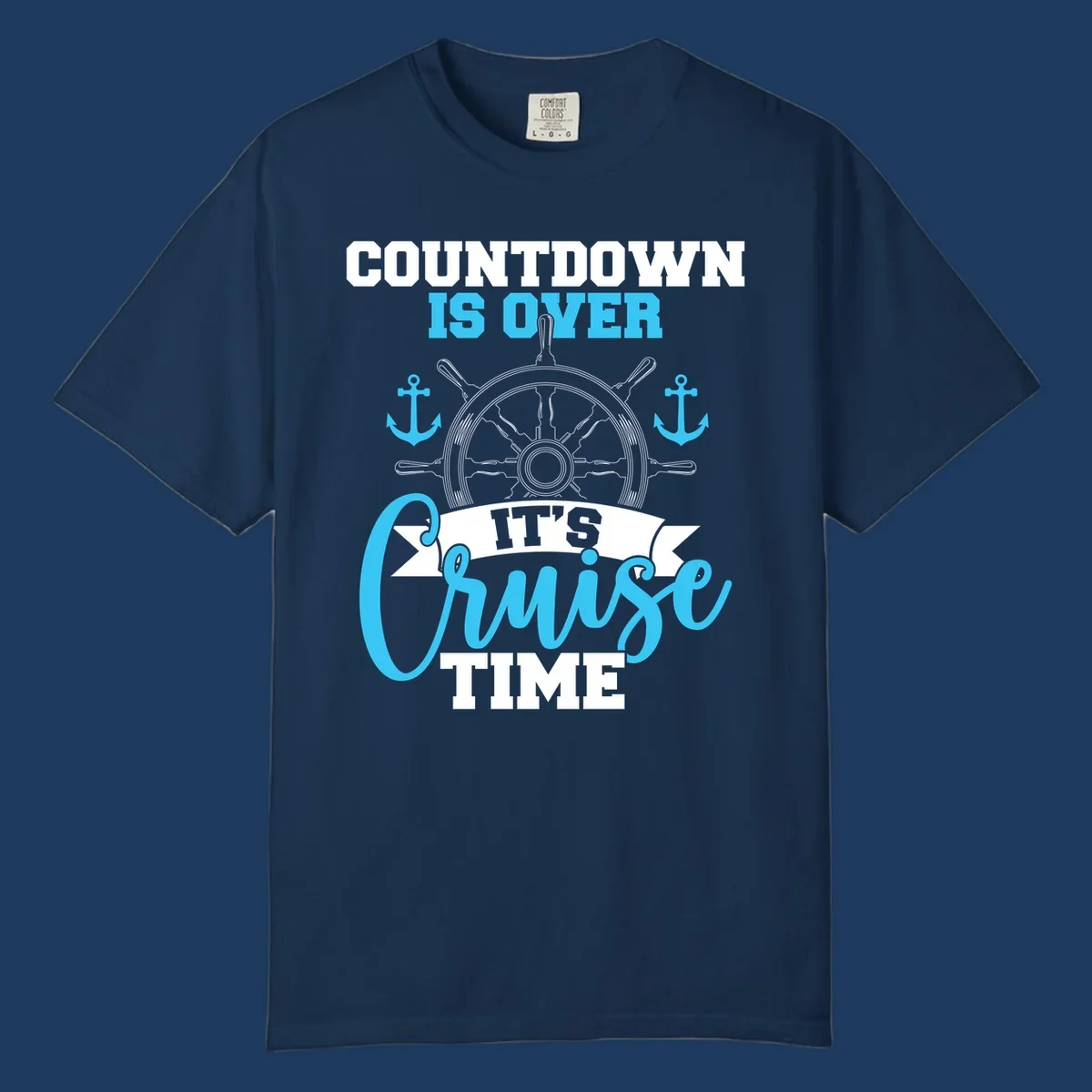 Nautical countdown-cruise-time design with ship's wheel, anchors, and text saying countdown is over it's cruise time
