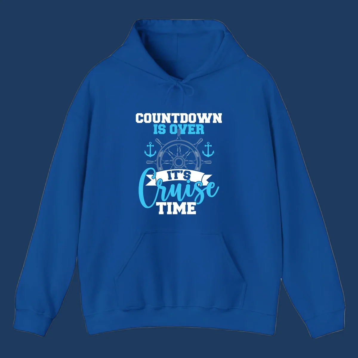 Nautical countdown-cruise-time design with ship's wheel, anchors, and text saying countdown is over it's cruise time