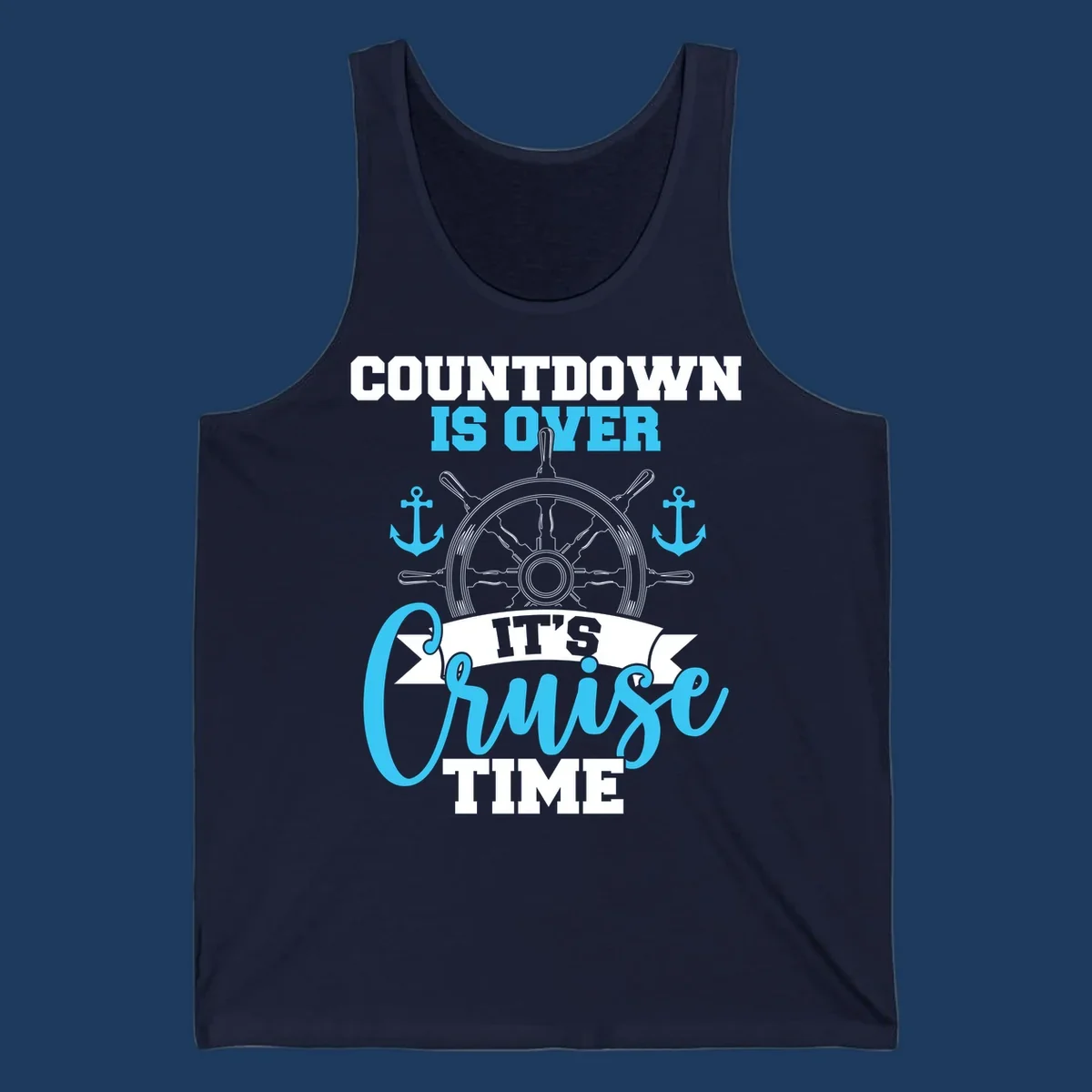 Nautical countdown-cruise-time design with ship's wheel, anchors, and text saying countdown is over it's cruise time