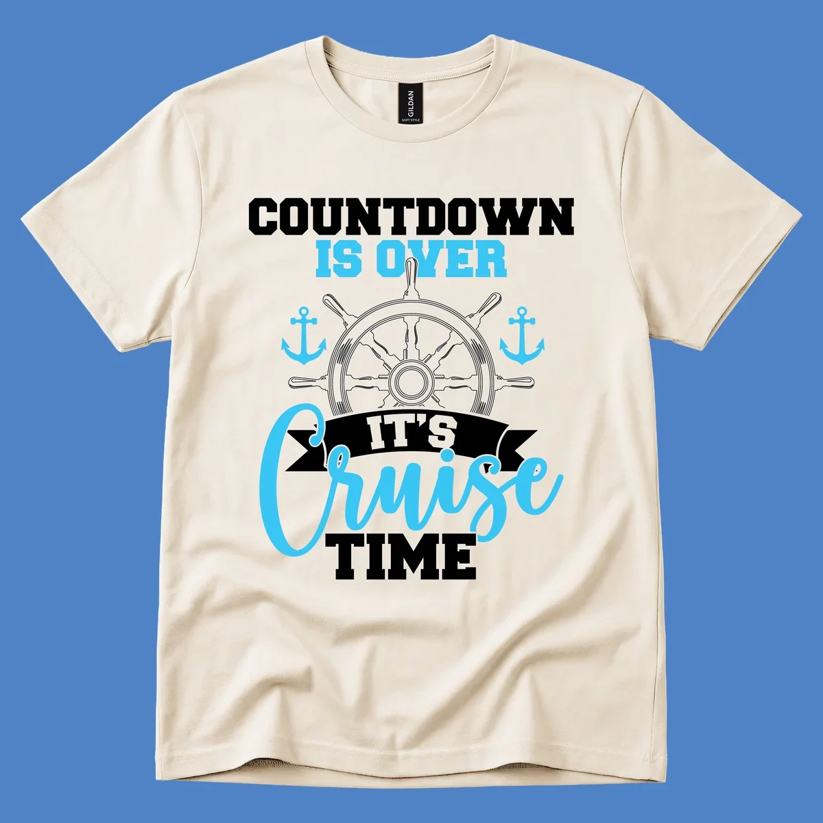 Nautical countdown-cruise-time design with ship's wheel, anchors, and text saying countdown is over it's cruise time