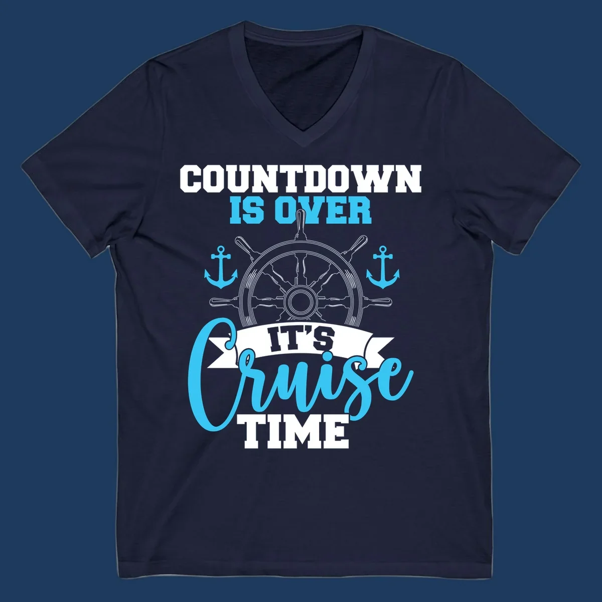 Nautical countdown-cruise-time design with ship's wheel, anchors, and text saying countdown is over it's cruise time