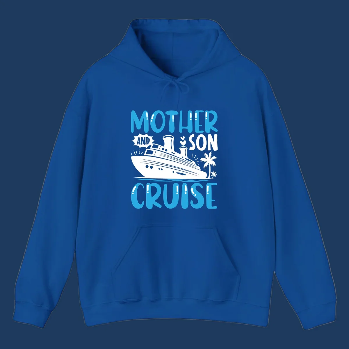 Cruise ship with palm trees and hearts, text reads Mother And Son Cruise in blue and white design