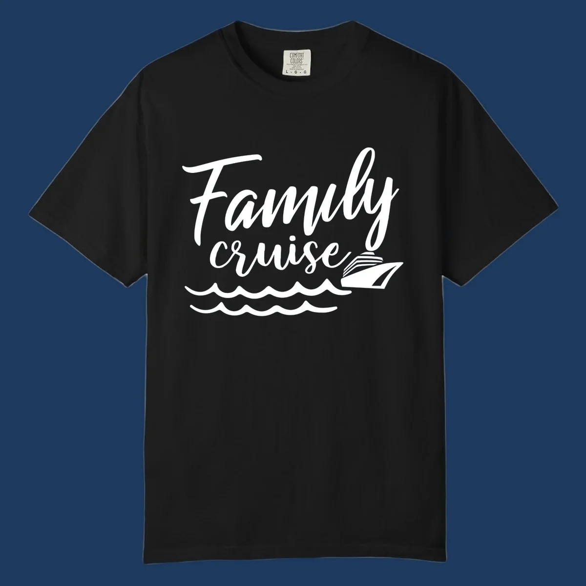 White script text reading Family Cruise with a small cruise ship and ocean waves illustration on gray background