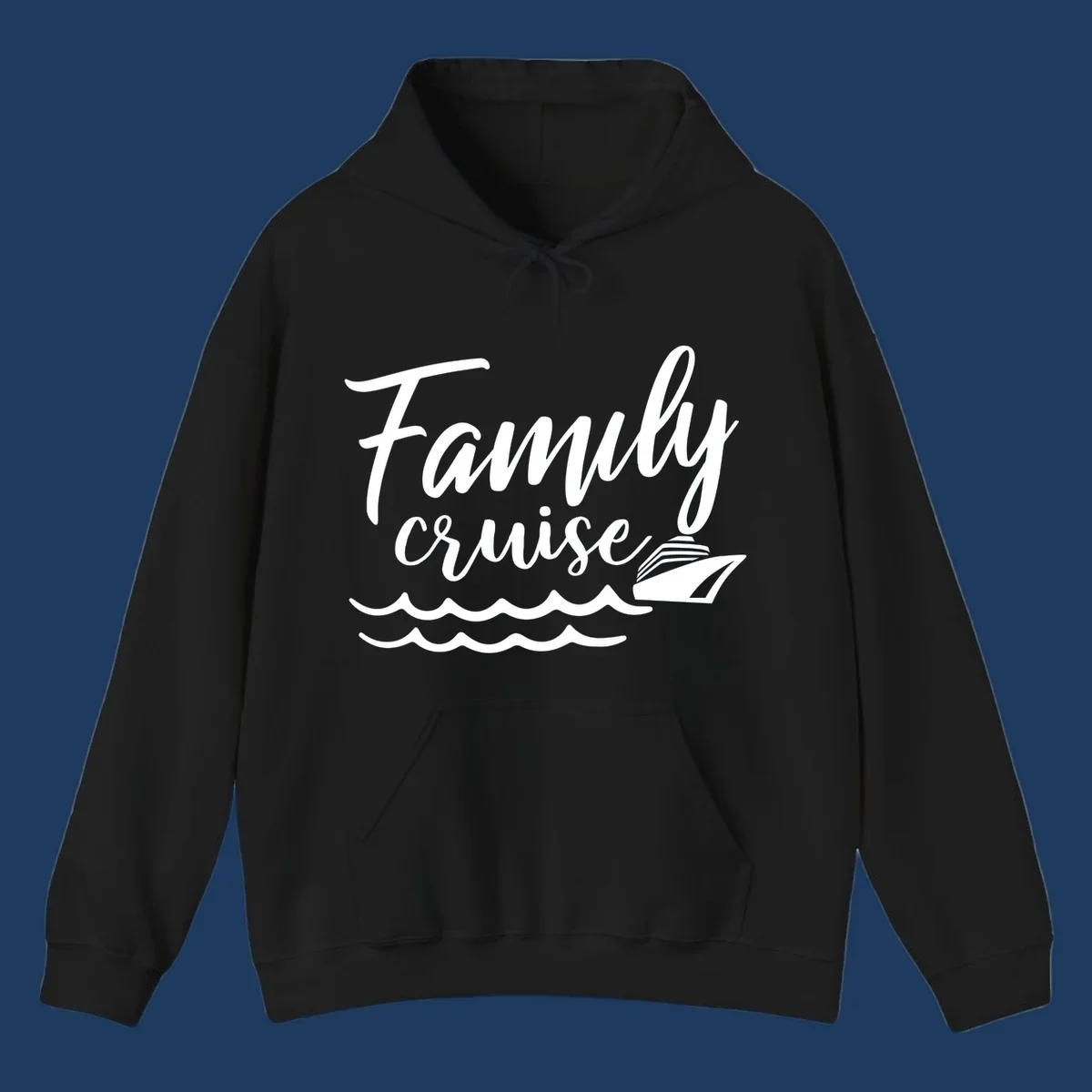 White script text reading Family Cruise with a small cruise ship and ocean waves illustration on gray background